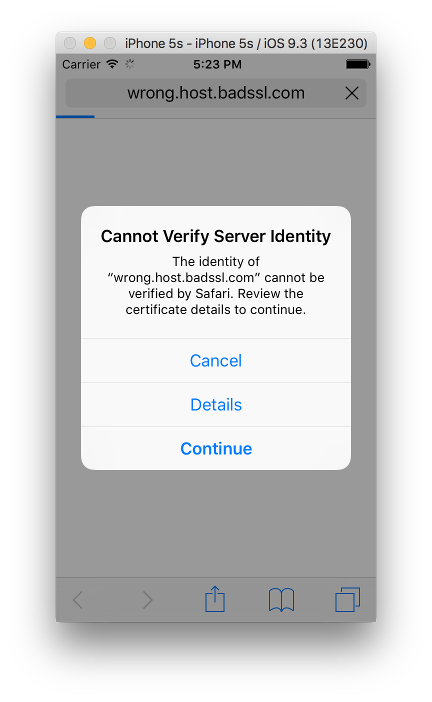 Screenshot of Safari's invalid certificate warning on iOS