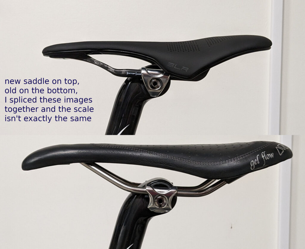 Photos of two Selle Italia bike saddles side by side, viewed from the side. An SLK Gel Flow with Vanox rails (on the bottom) and an SLR Boost Kit Carbonia Superflow size S3 (on the top).